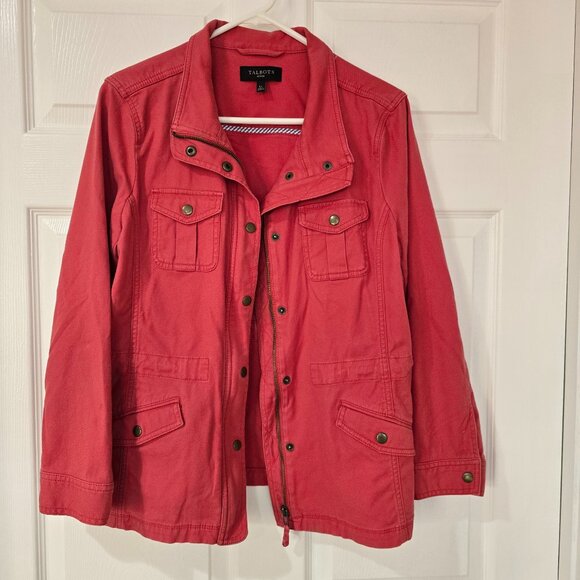 Talbots Petite Pink Stretch Denim Jean Jacket Button Zip Pockets Size Lp - Picture 1 of 8